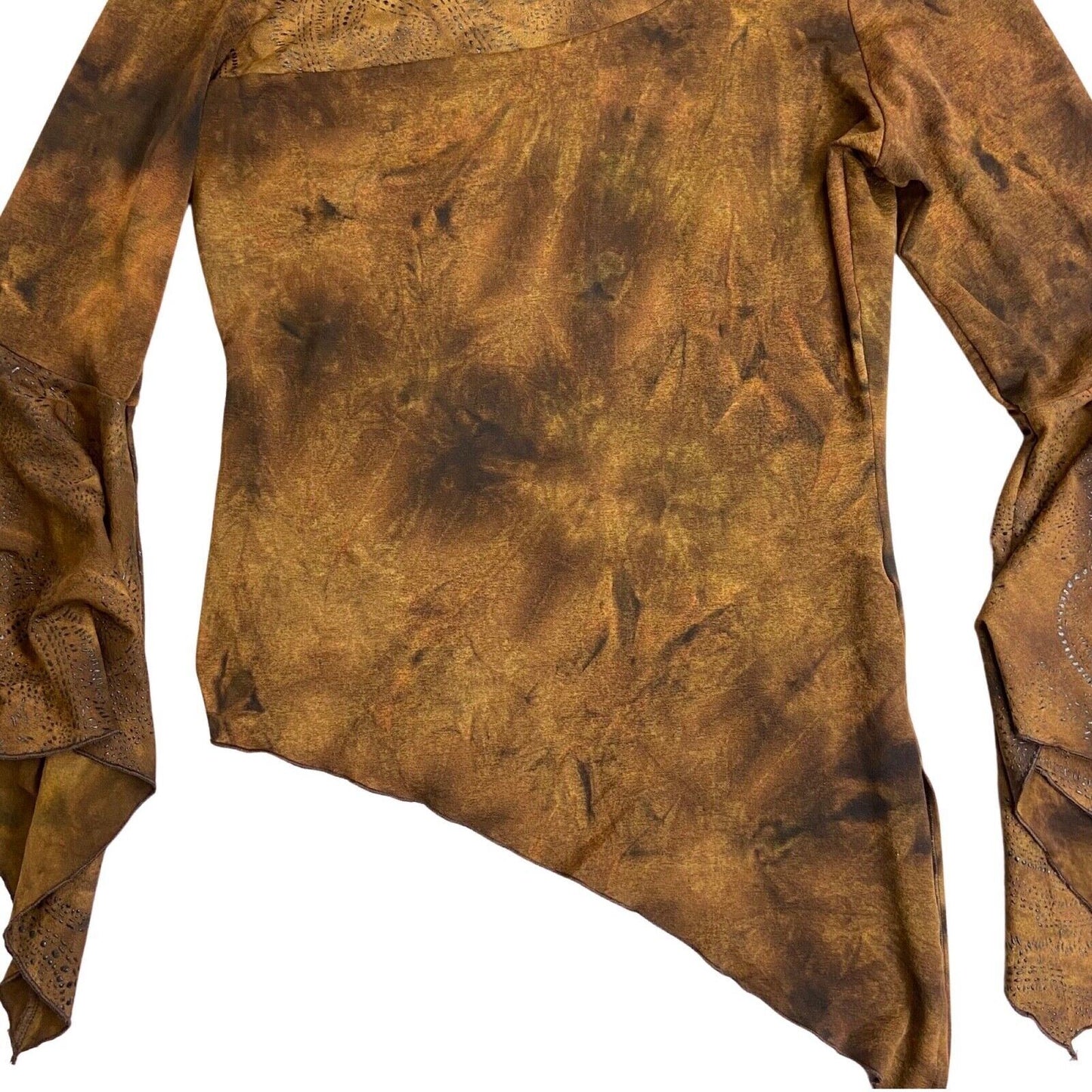 Vintage Y2K Brown Tie Dye Embellished Asymmetric Wide Sleeve Top 12 14 M