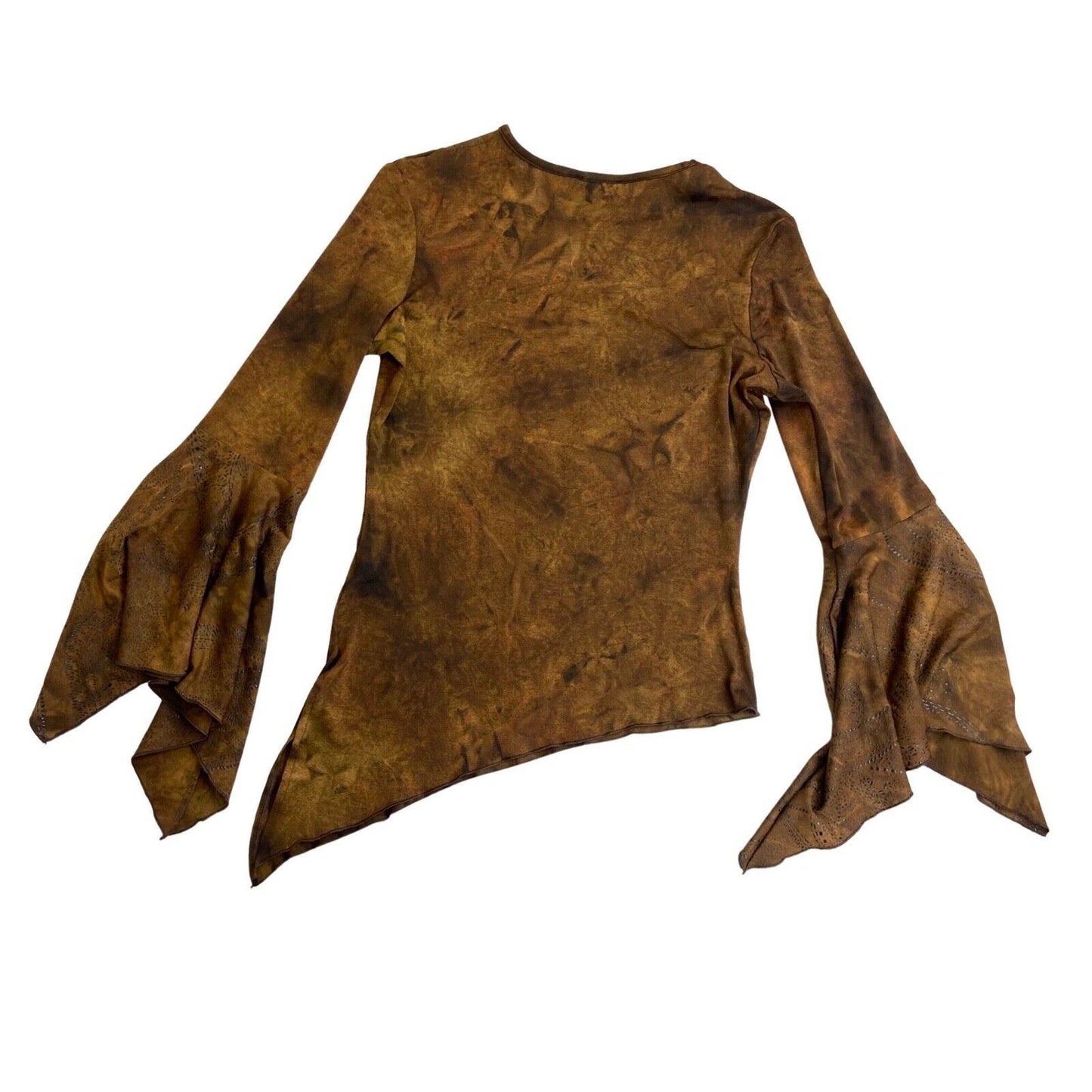 Vintage Y2K Brown Tie Dye Embellished Asymmetric Wide Sleeve Top 12 14 M