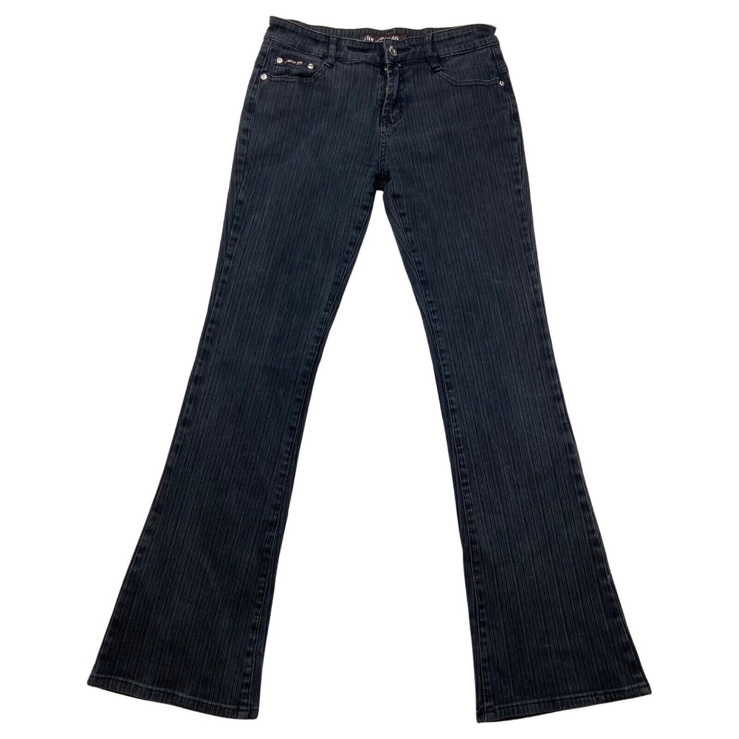Vintage Y2K Black Textured Pinstripe Embroidered Butterfly Flared Denim Jeans S