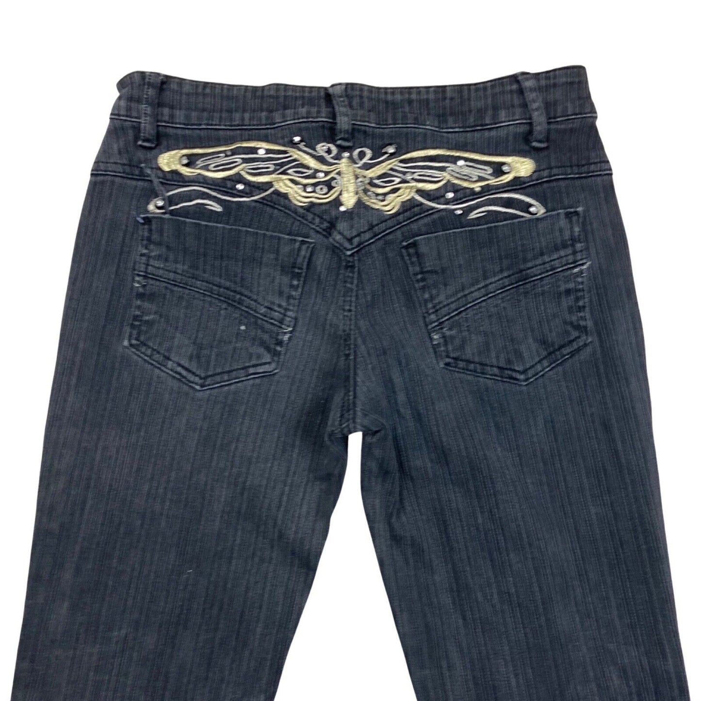 Vintage Y2K Black Textured Pinstripe Embroidered Butterfly Flared Denim Jeans S