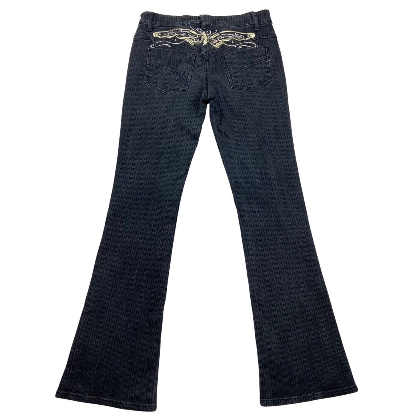 Vintage Y2K Black Textured Pinstripe Embroidered Butterfly Flared Denim Jeans S