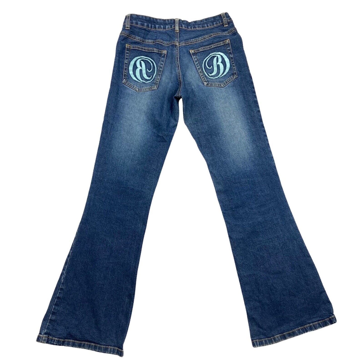 Vintage 90s Rare Blue Buffalo Embroidered Flared Mid Rise Denim Jeans 8 10 S