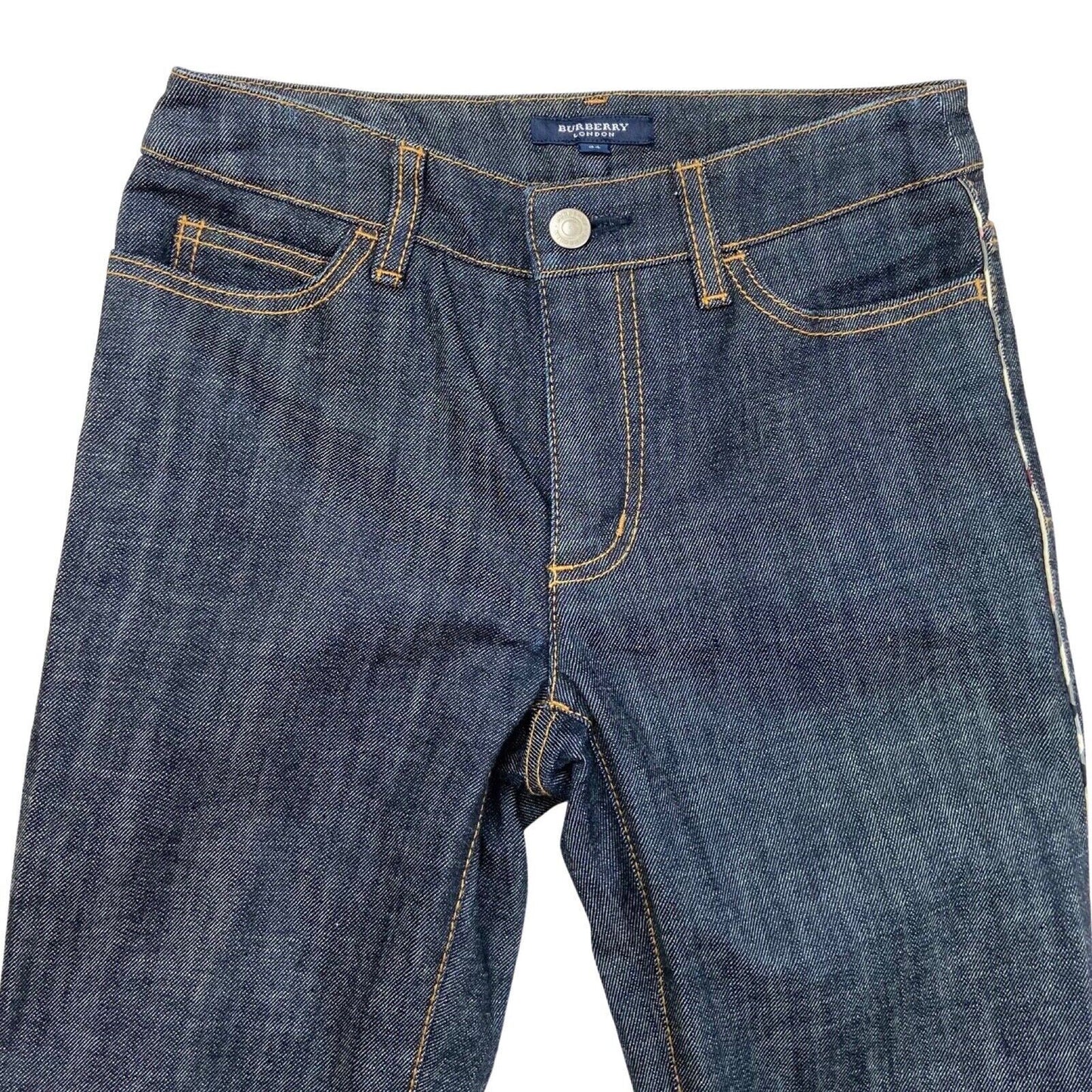 Vintage Y2K Dark Wash Blue Denim Burberry Bootcut Nova Check Stripe Jeans 6 XS
