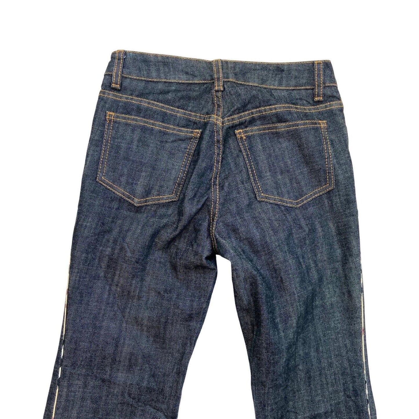 Vintage Y2K Dark Wash Blue Denim Burberry Bootcut Nova Check Stripe Jeans 6 XS