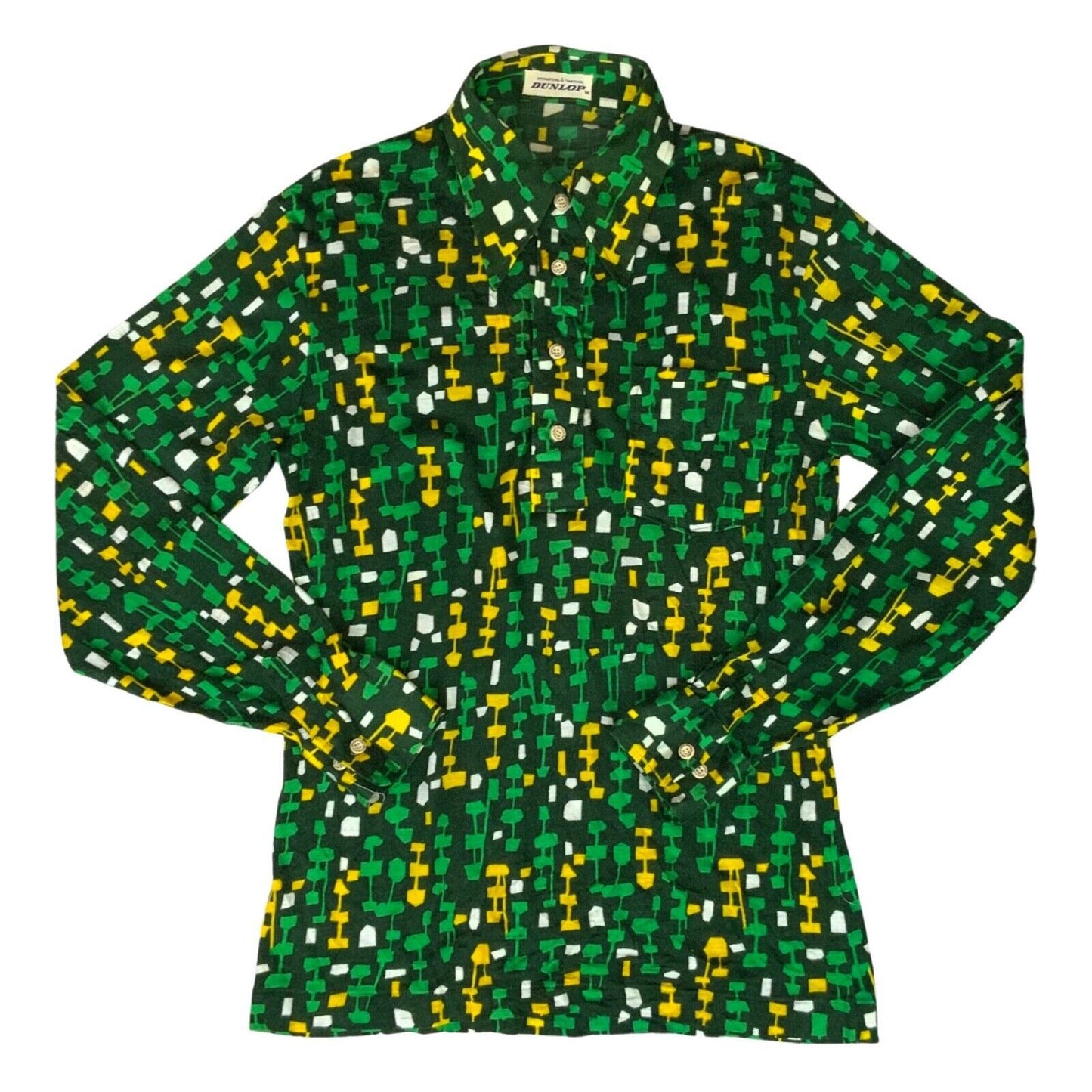 VTG 70s BIG COLLAR MENS POLY SMOCK SHIRT GEOMETRIC PSYCHEDELIC PRINT 36” (34) XS