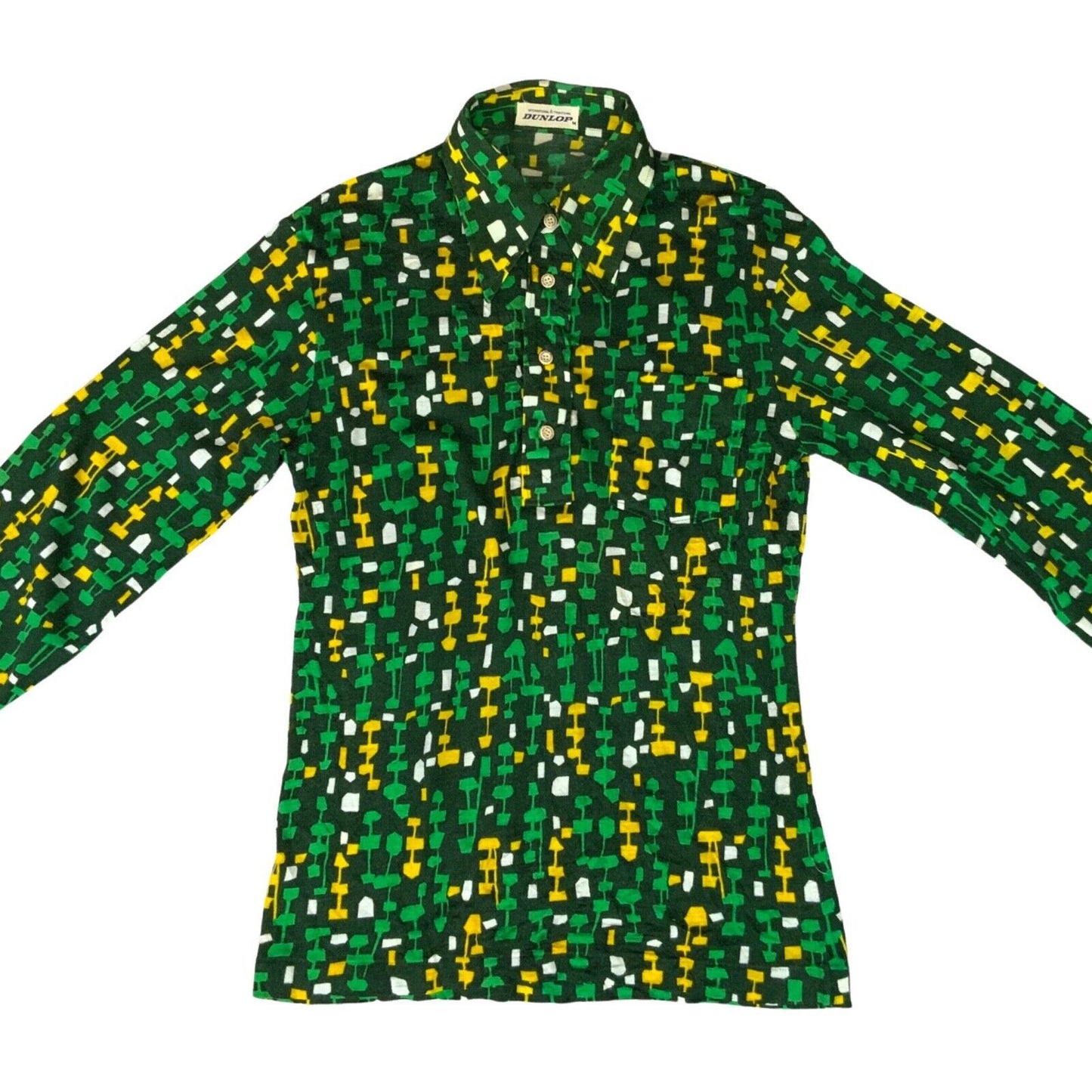 VTG 70s BIG COLLAR MENS POLY SMOCK SHIRT GEOMETRIC PSYCHEDELIC PRINT 36” (34) XS
