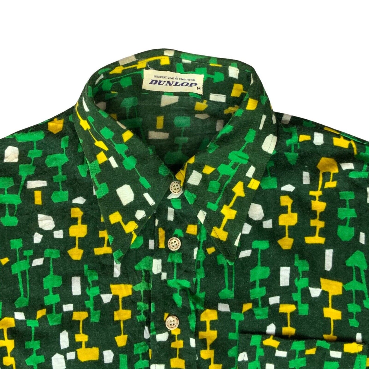 VTG 70s BIG COLLAR MENS POLY SMOCK SHIRT GEOMETRIC PSYCHEDELIC PRINT 36” (34) XS