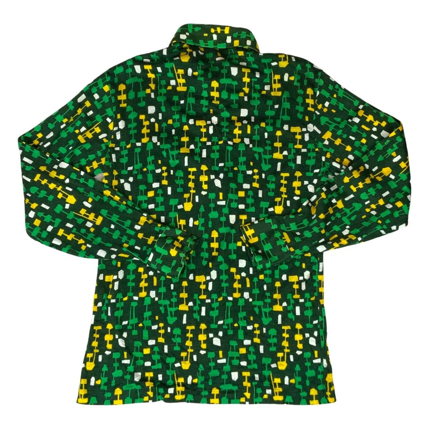 VTG 70s BIG COLLAR MENS POLY SMOCK SHIRT GEOMETRIC PSYCHEDELIC PRINT 36” (34) XS