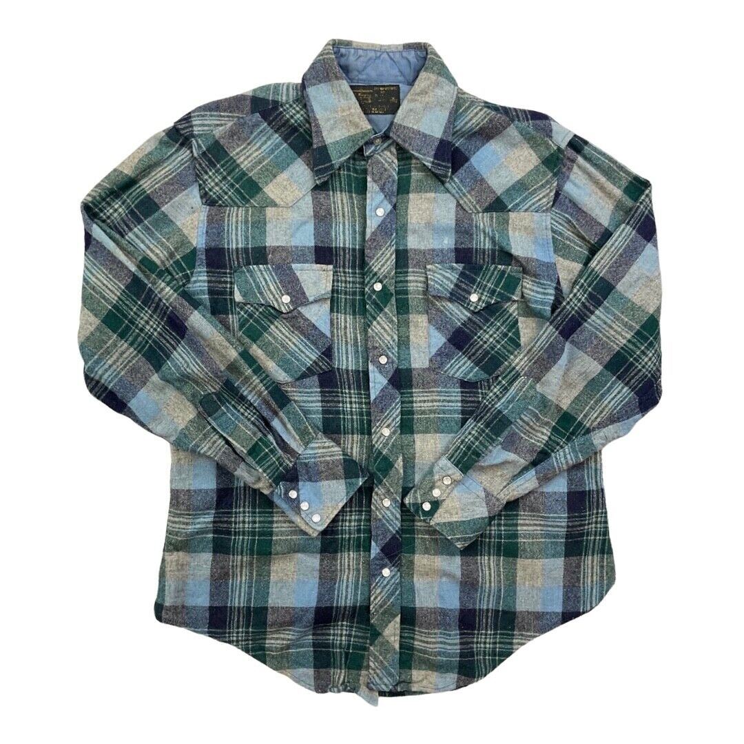 VTG 70s BLUE WOOL PLAID PEARL SNAP WESTERN SHIRT ROCKABILLY HOT ROD 46” (42)