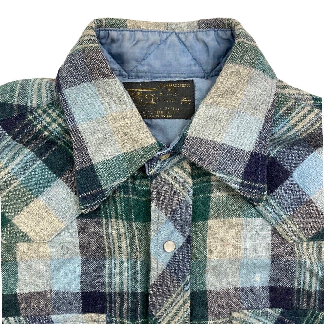VTG 70s BLUE WOOL PLAID PEARL SNAP WESTERN SHIRT ROCKABILLY HOT ROD 46” (42)
