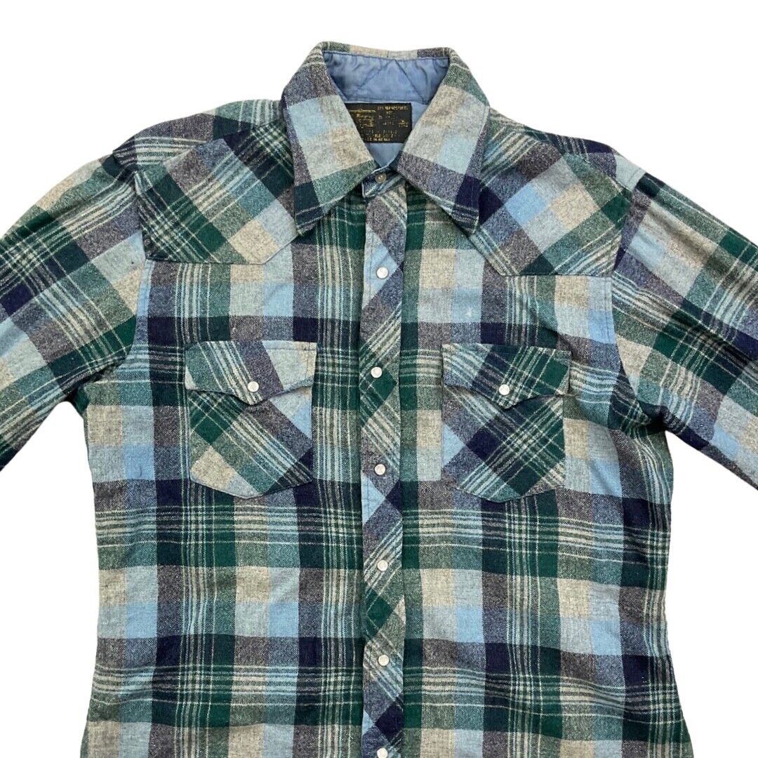 VTG 70s BLUE WOOL PLAID PEARL SNAP WESTERN SHIRT ROCKABILLY HOT ROD 46” (42)