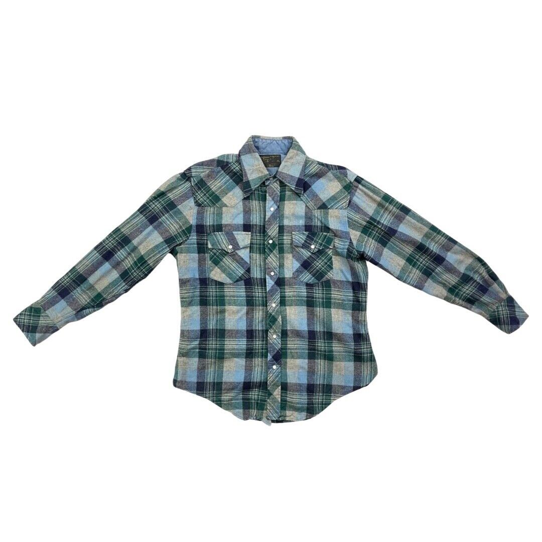 VTG 70s BLUE WOOL PLAID PEARL SNAP WESTERN SHIRT ROCKABILLY HOT ROD 46” (42)
