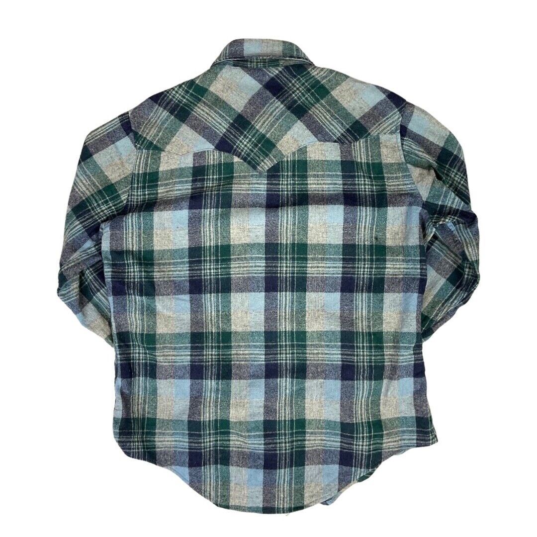 VTG 70s BLUE WOOL PLAID PEARL SNAP WESTERN SHIRT ROCKABILLY HOT ROD 46” (42)