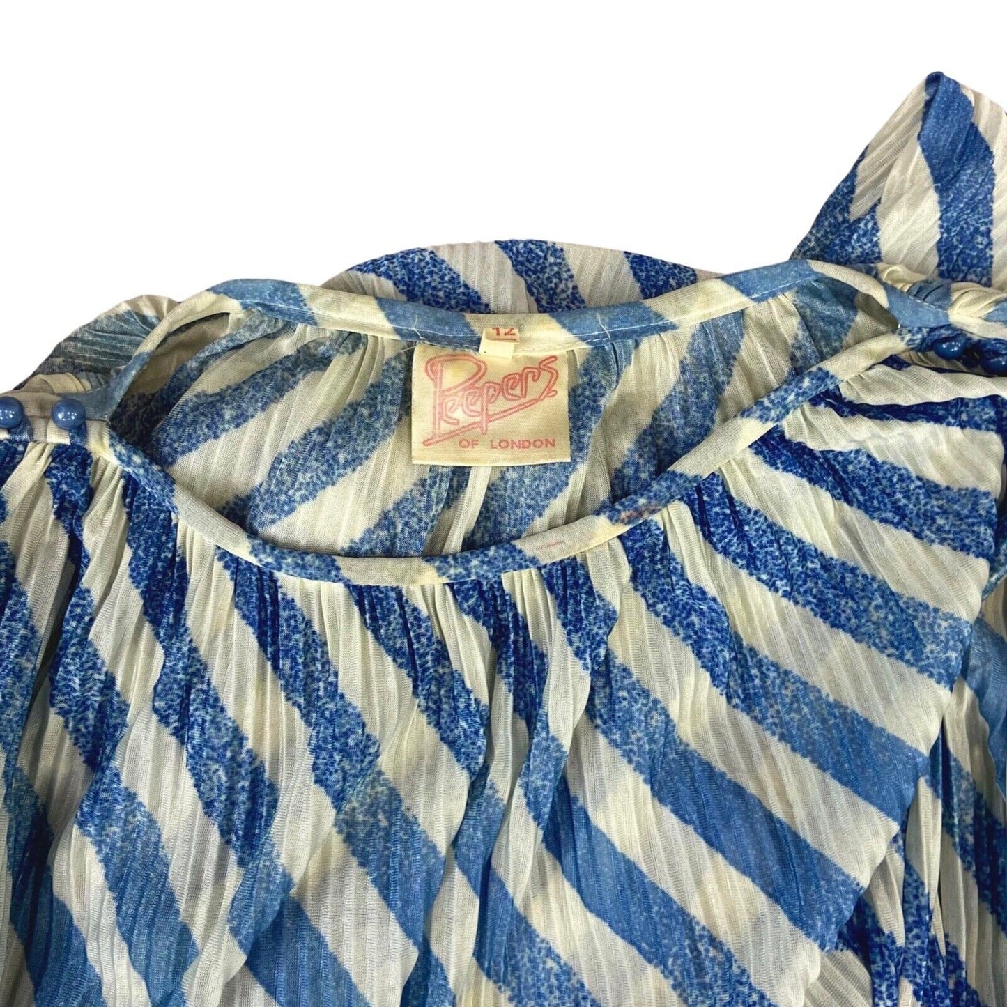 Vintage 80s 90s Blue Striped Pleated Long Sleeve Belted Dress 10 12 M
