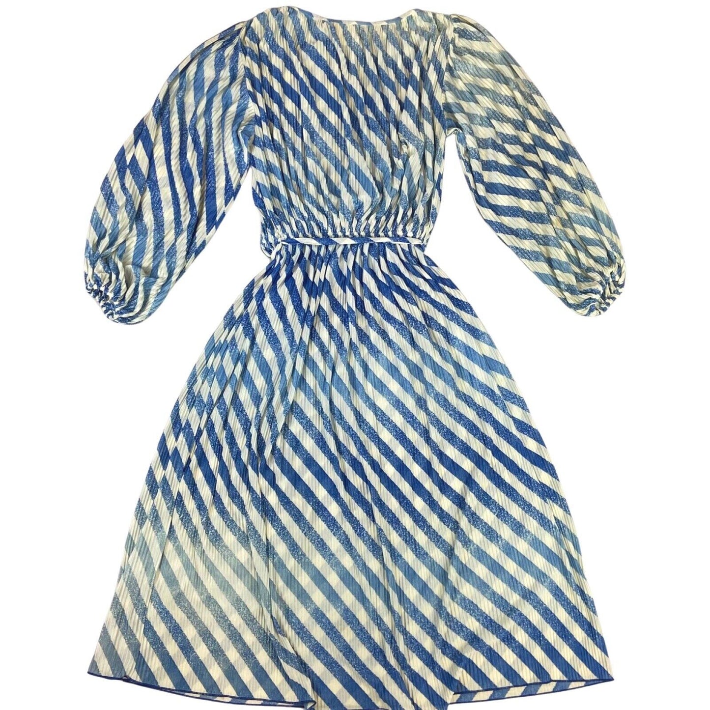 Vintage 80s 90s Blue Striped Pleated Long Sleeve Belted Dress 10 12 M