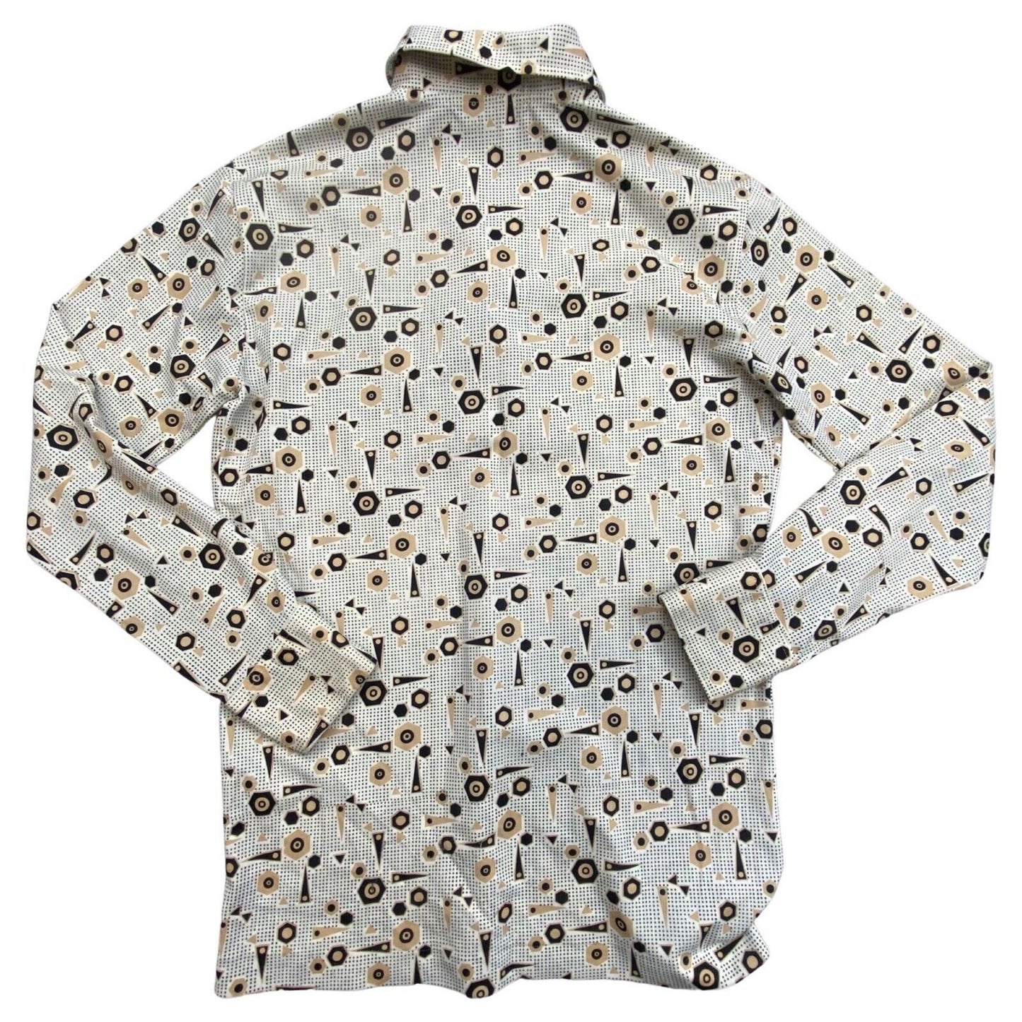 VTG 70s BIG COLLAR MENS POLY SMOCK SHIRT GEOMETRIC PSYCHEDELIC PRINT 37” (34) S