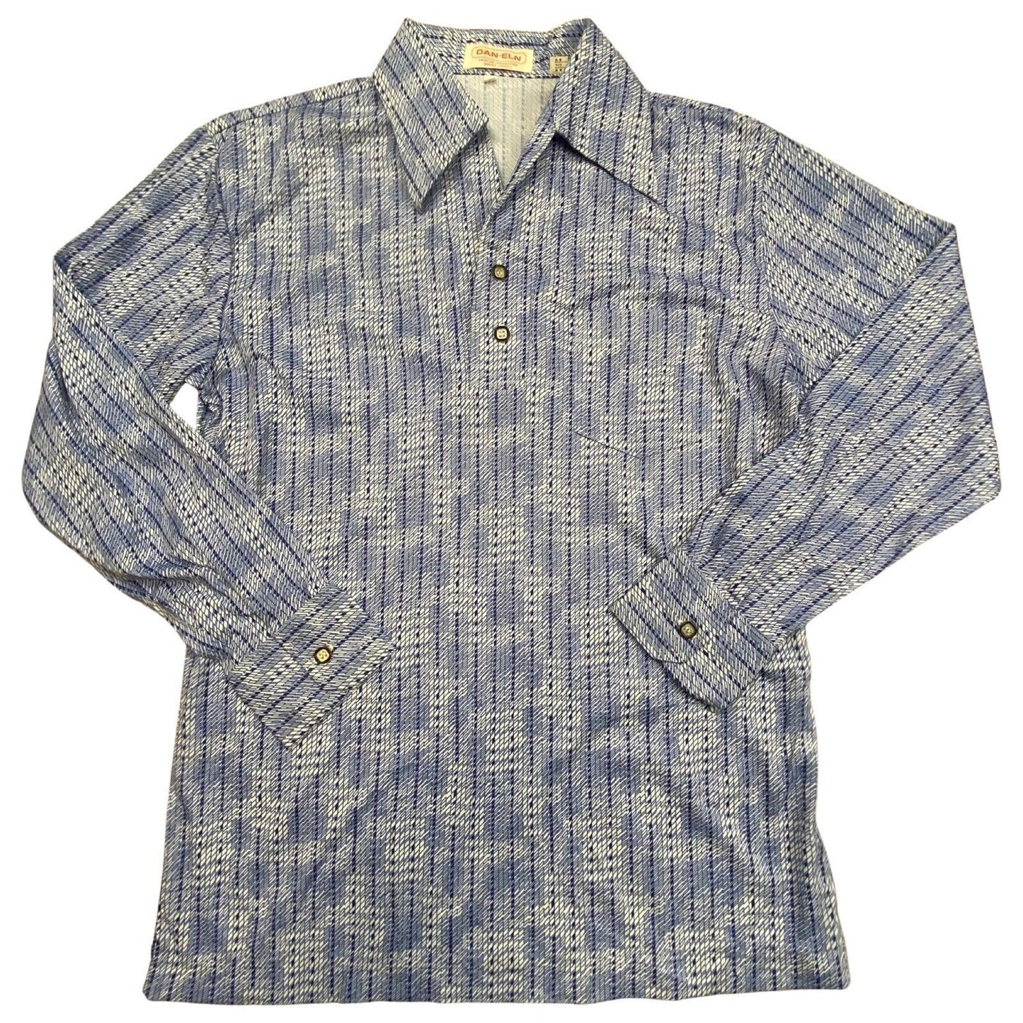 VTG 70s BIG COLLAR MENS POLY SMOCK SHIRT GEOMETRIC PSYCHEDELIC PRINT 40” (38) S