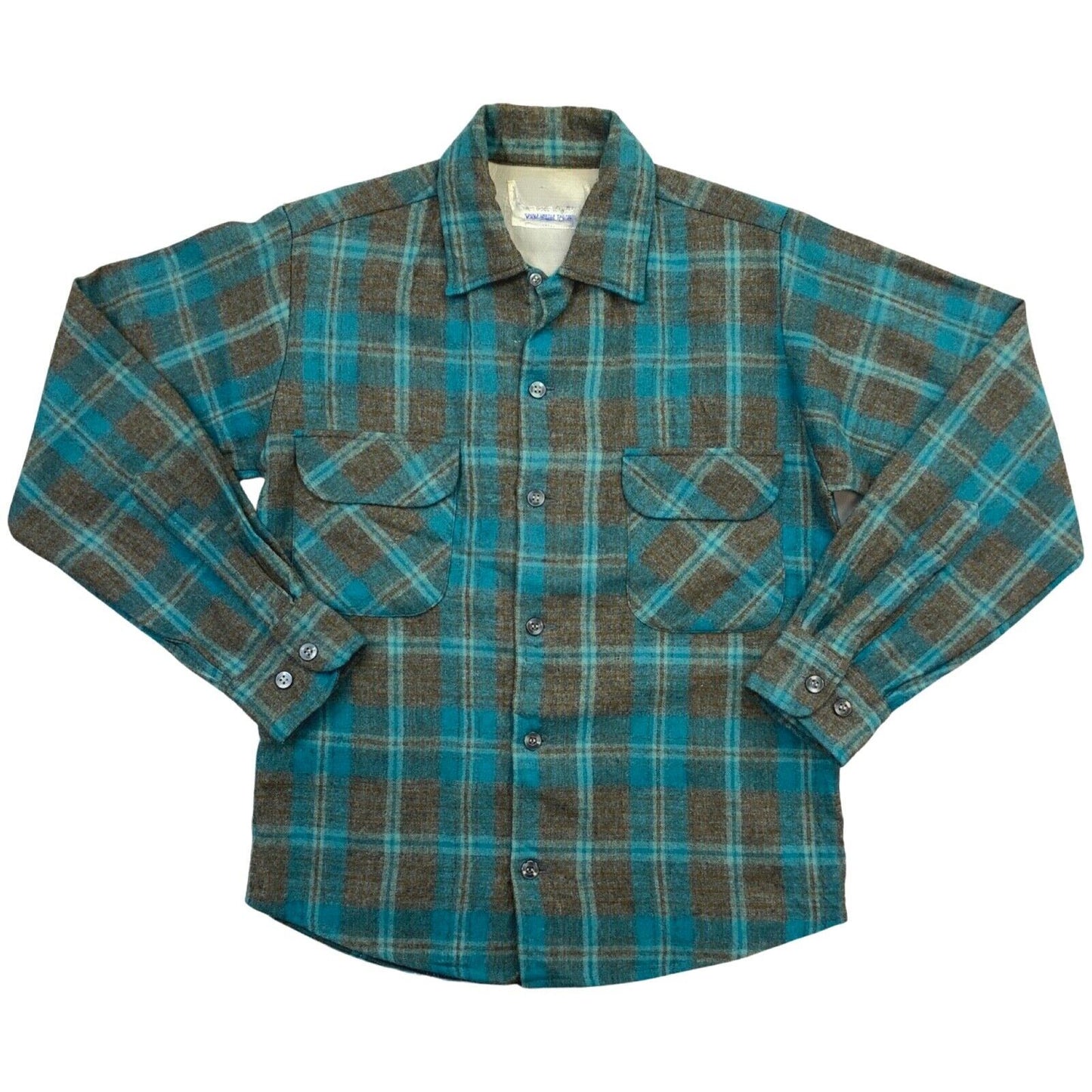 VTG 60s USA BLUE WOOL BOARD SHIRT CHECK PLAID ROCKABILLY BEACH BOYS S 38” (36)