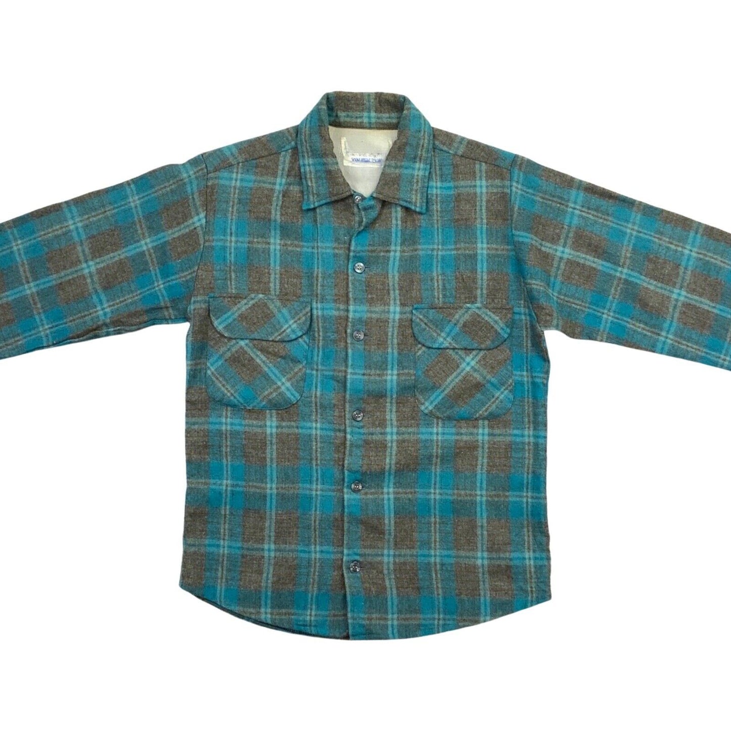 VTG 60s USA BLUE WOOL BOARD SHIRT CHECK PLAID ROCKABILLY BEACH BOYS S 38” (36)