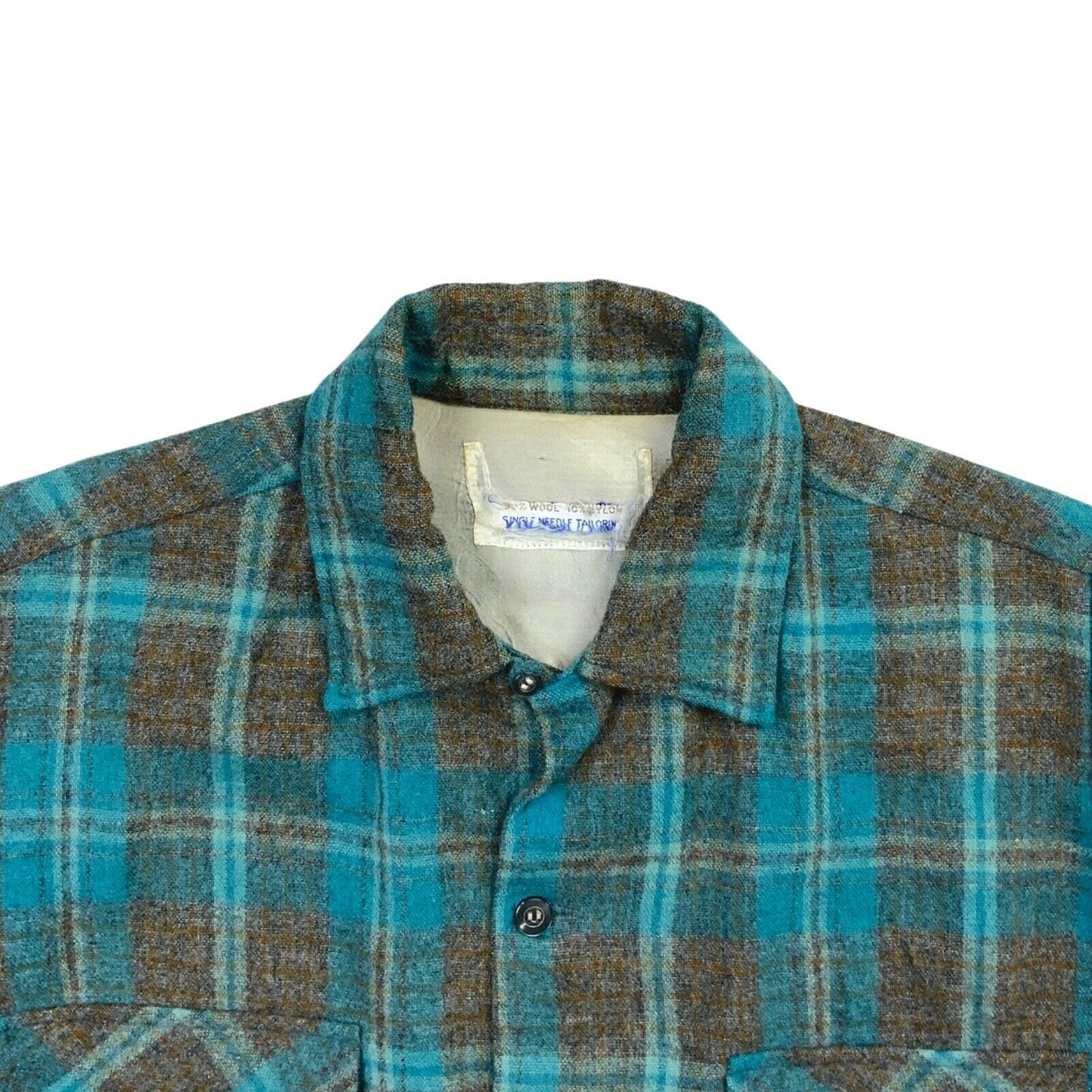 VTG 60s USA BLUE WOOL BOARD SHIRT CHECK PLAID ROCKABILLY BEACH BOYS S 38” (36)