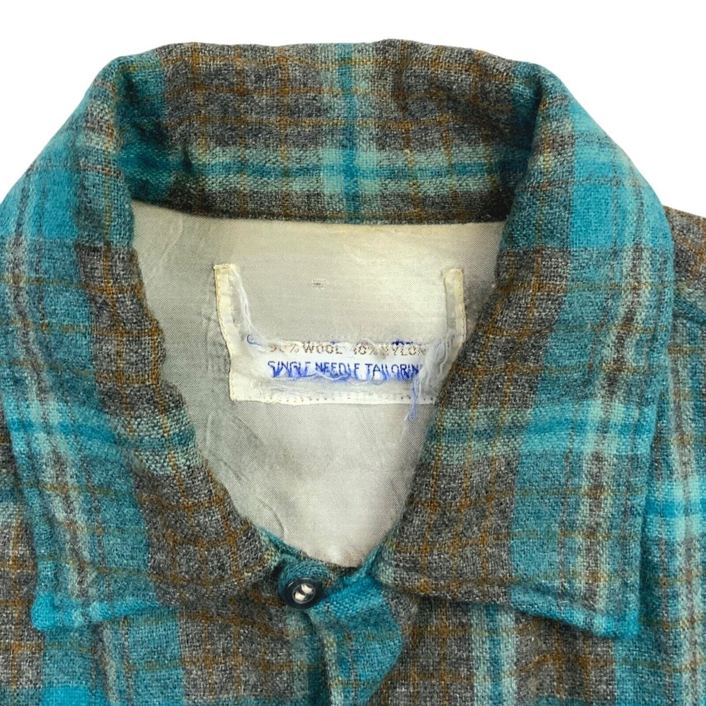 VTG 60s USA BLUE WOOL BOARD SHIRT CHECK PLAID ROCKABILLY BEACH BOYS S 38” (36)
