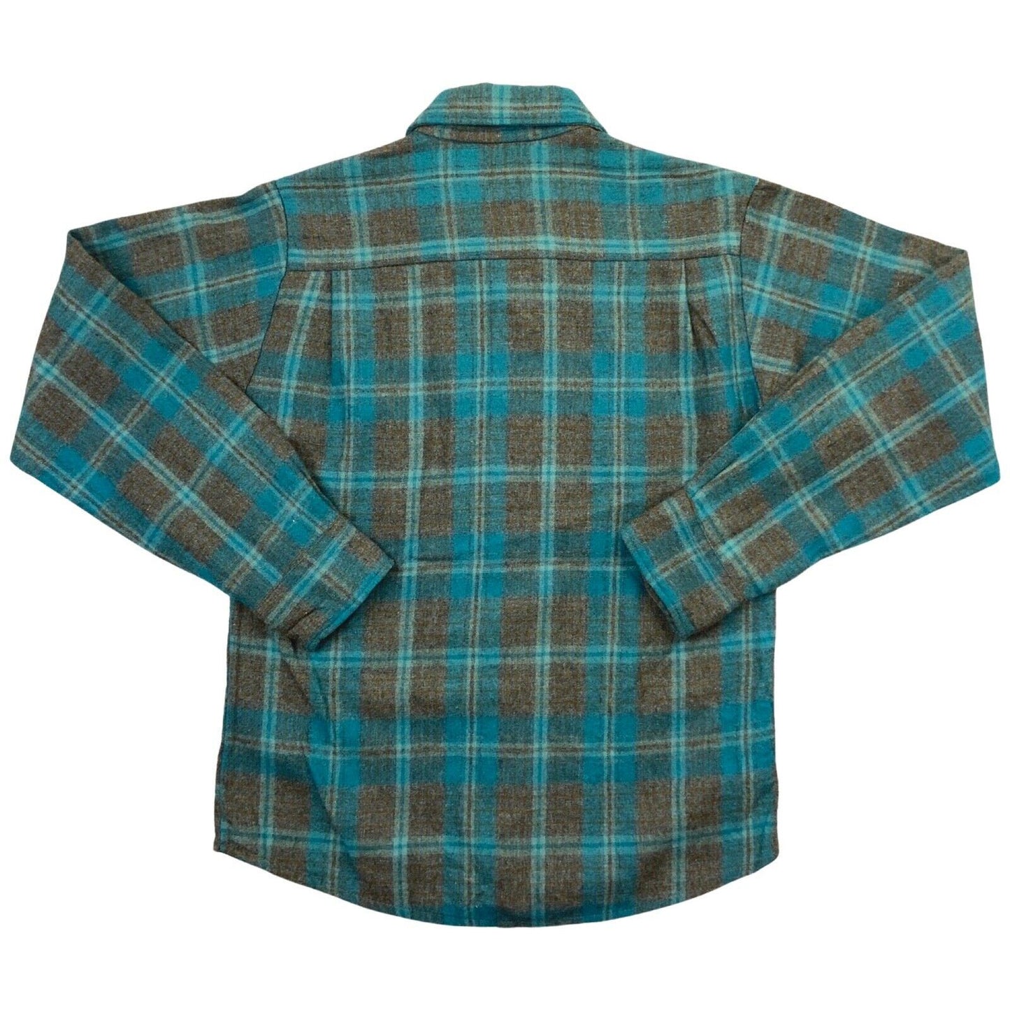 VTG 60s USA BLUE WOOL BOARD SHIRT CHECK PLAID ROCKABILLY BEACH BOYS S 38” (36)