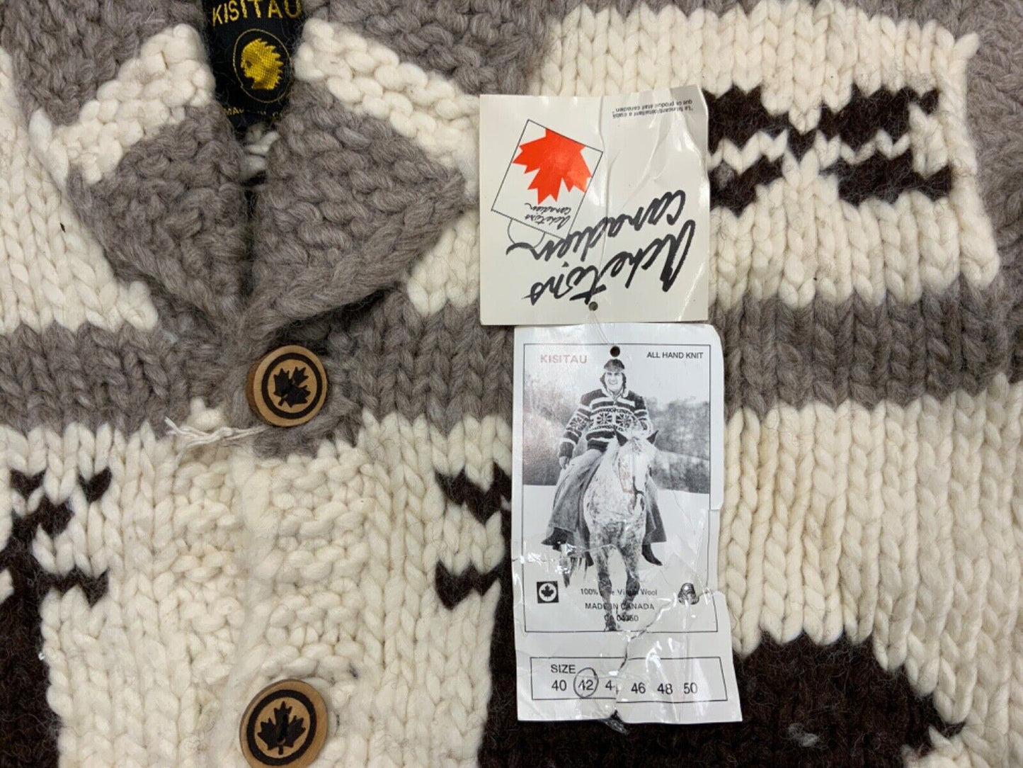 VTG DEADSTOCK WOOL COWICHAN CARDIGAN NATIVE CANADIAN KNIT ROCKABILLY 46” (42) L