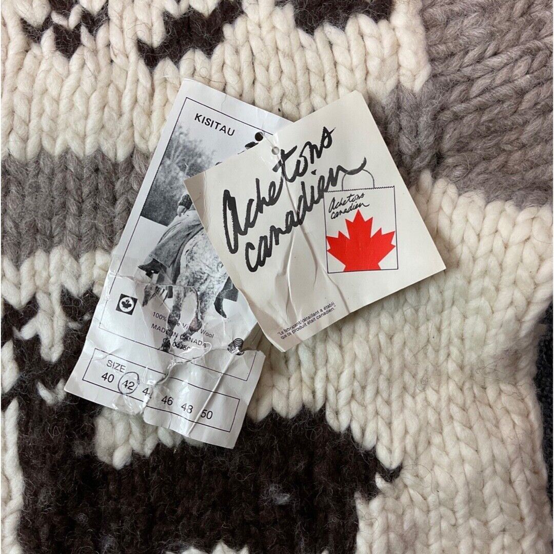 VTG DEADSTOCK WOOL COWICHAN CARDIGAN NATIVE CANADIAN KNIT ROCKABILLY 46” (42) L