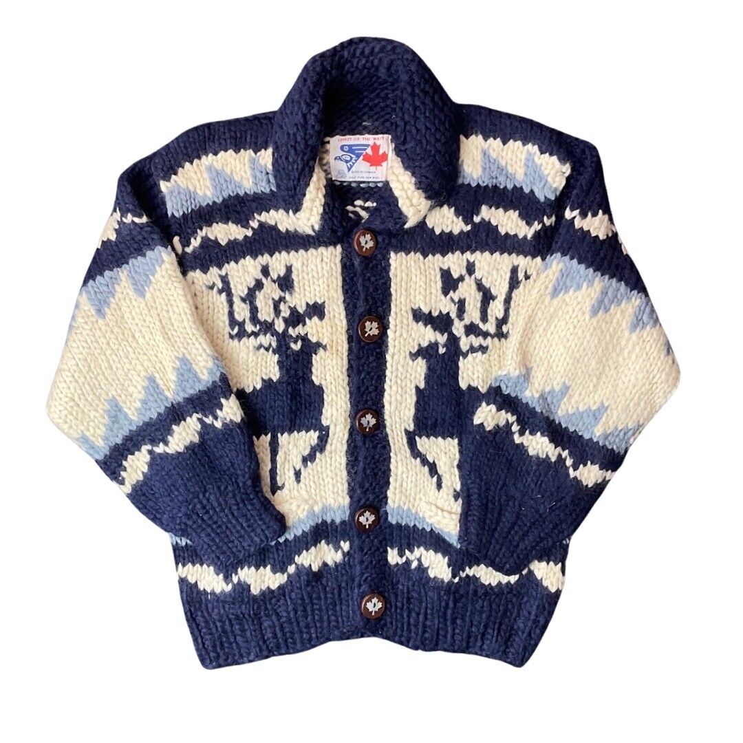 VTG WOOL COWICHAN CARDIGAN NATIVE AMERICAN CANADIAN KNIT ROCKABILLY 40” (38) S