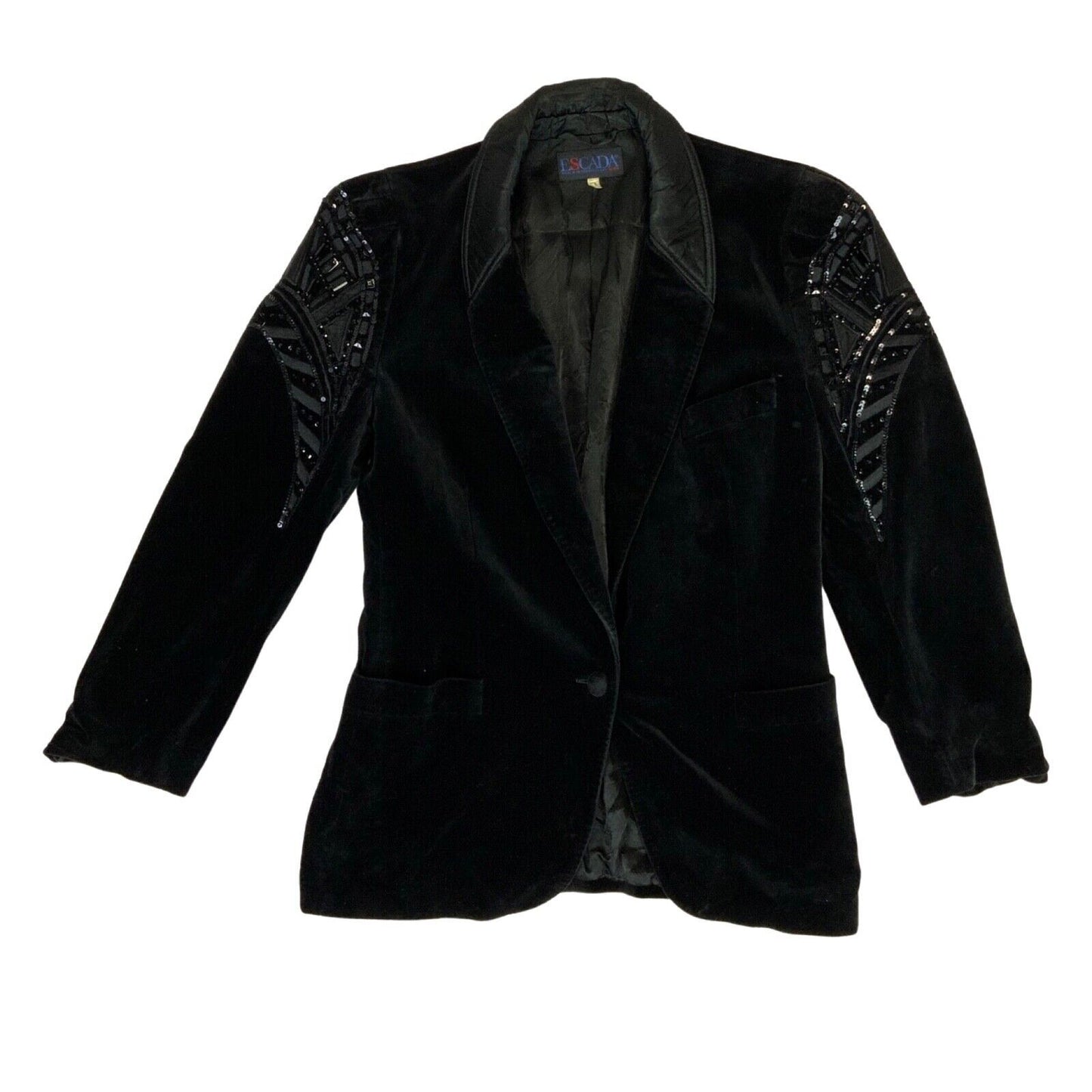 Vintage 90s Black Sequin Beaded Velvet Escada Dinner Jacket Blazer 8 10 S