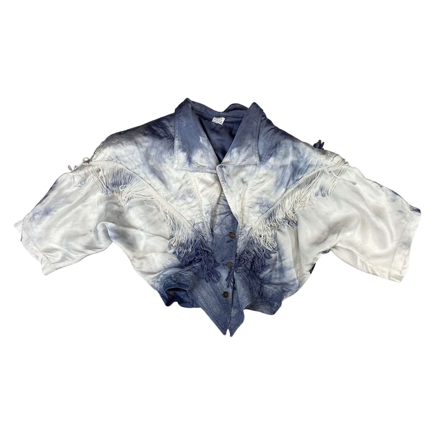 Vintage 80s 90s White Blue Tie-Dye Tasseled Western Cropped Shirt Blouse 10