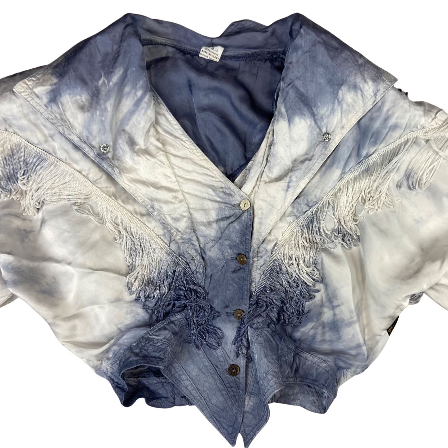 Vintage 80s 90s White Blue Tie-Dye Tasseled Western Cropped Shirt Blouse 10