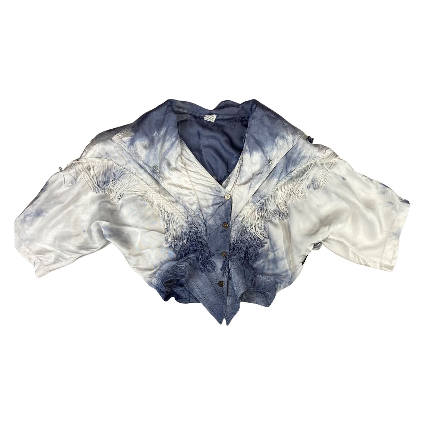 Vintage 80s 90s White Blue Tie-Dye Tasseled Western Cropped Shirt Blouse 10