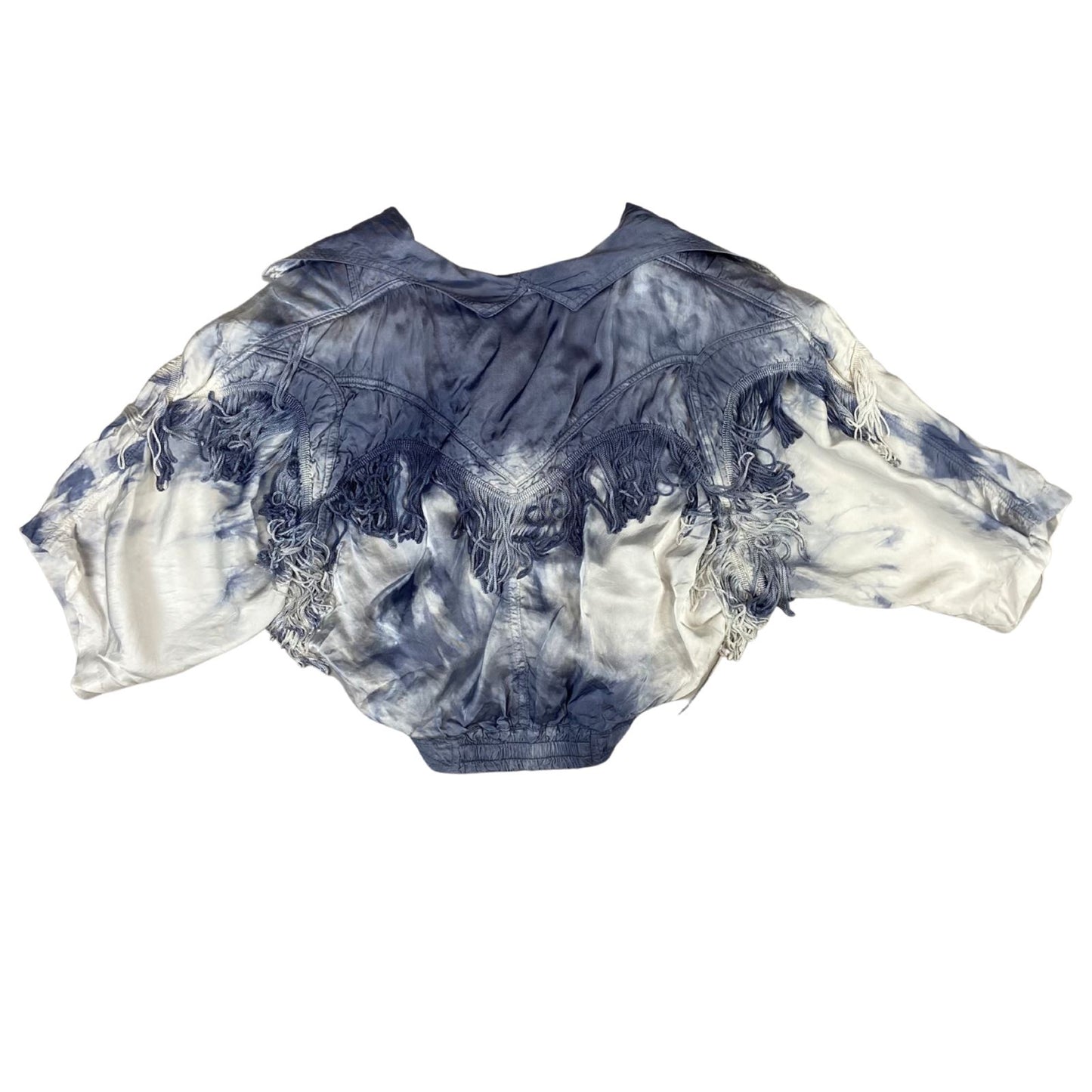 Vintage 80s 90s White Blue Tie-Dye Tasseled Western Cropped Shirt Blouse 10