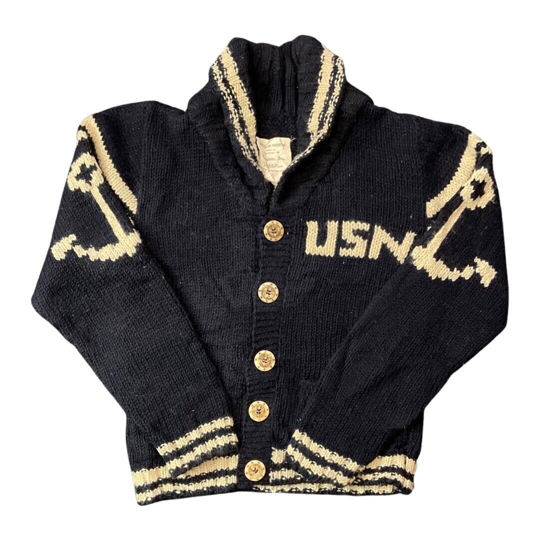 VTG MENS US NAVY WOOL COWICHAN CARDIGAN NATIVE AMERICAN KNIT ROCKABILLY 38” (34)