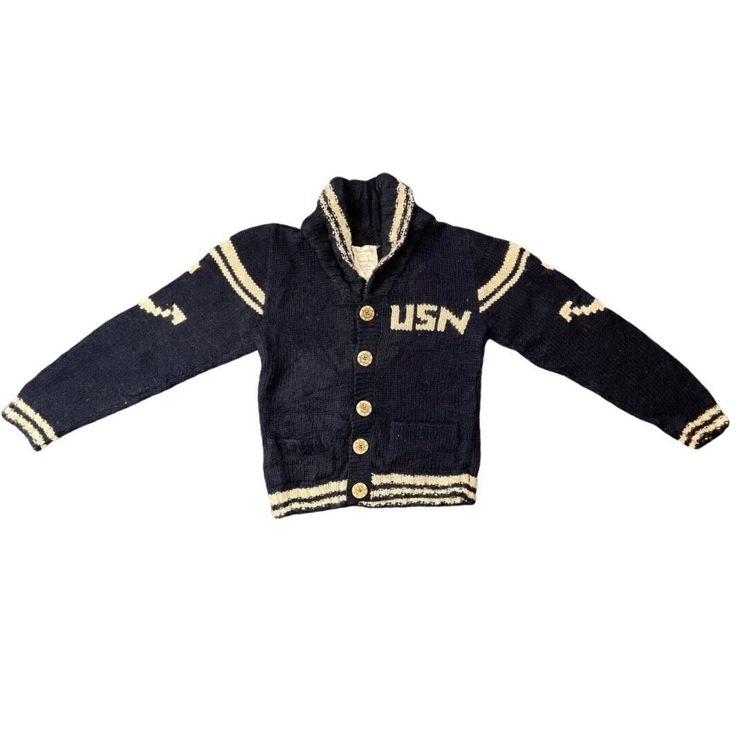 VTG MENS US NAVY WOOL COWICHAN CARDIGAN NATIVE AMERICAN KNIT ROCKABILLY 38” (34)