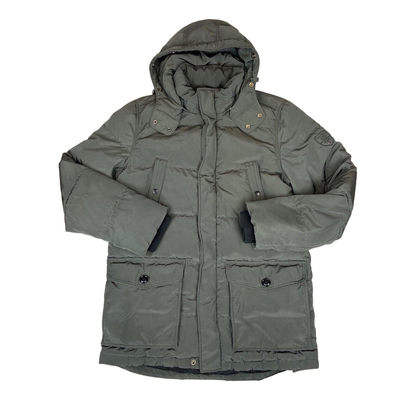 Vintage 00s Grey Khaki Tommy Hilfiger Hooded Down Feather Long Puffa Jacket L