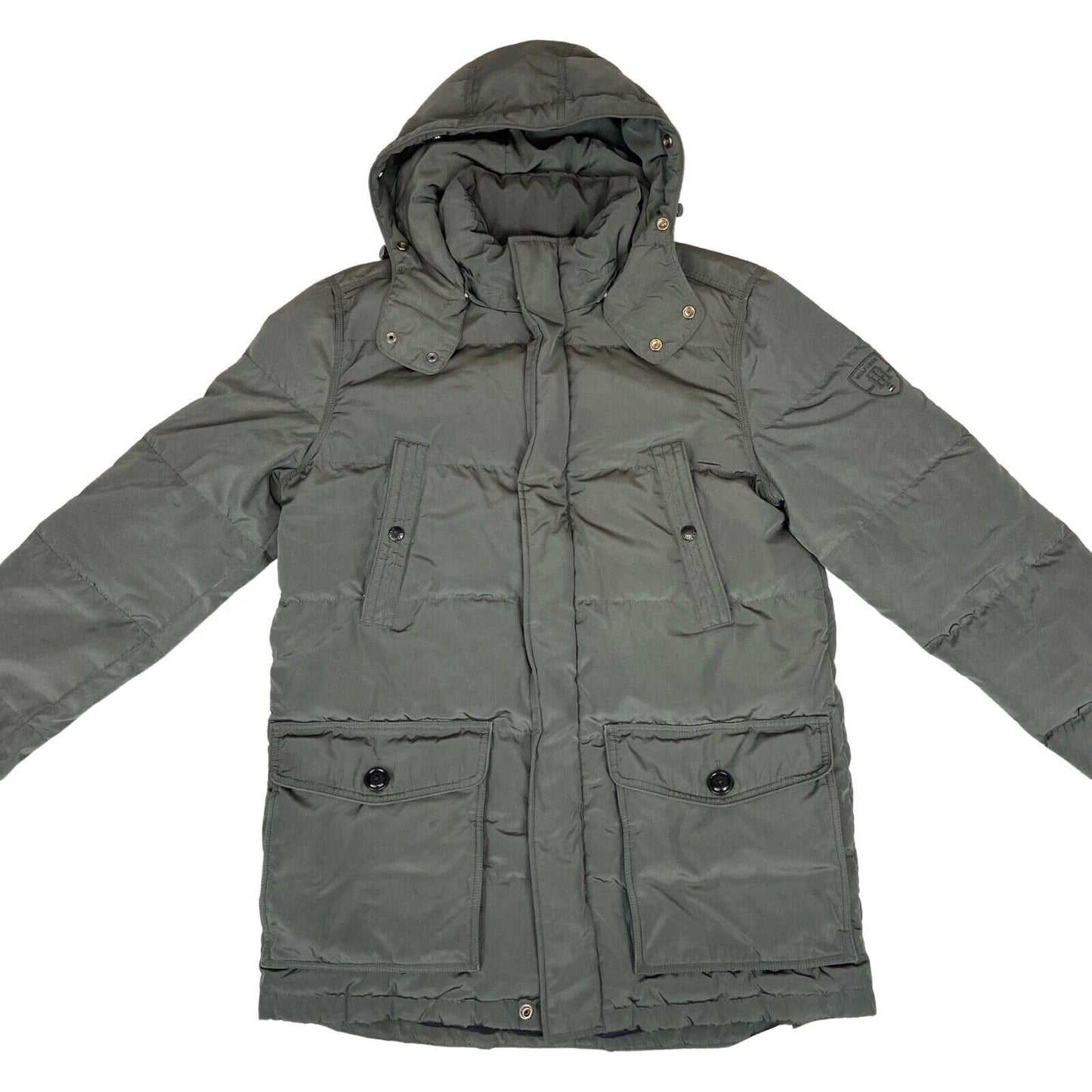Vintage 00s Grey Khaki Tommy Hilfiger Hooded Down Feather Long Puffa Jacket L