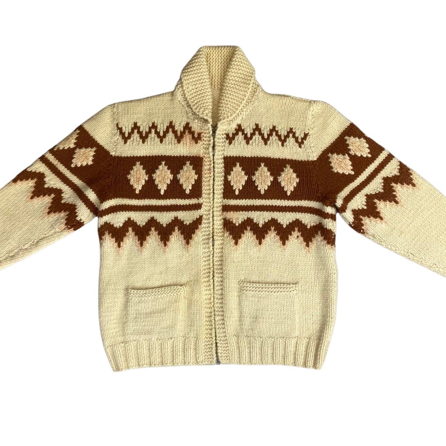 VTG 50s USA MENS MARY MAXIM COWICHAN GRAPHIC KNIT ROCKABILLY CARDIGAN 46” (42)
