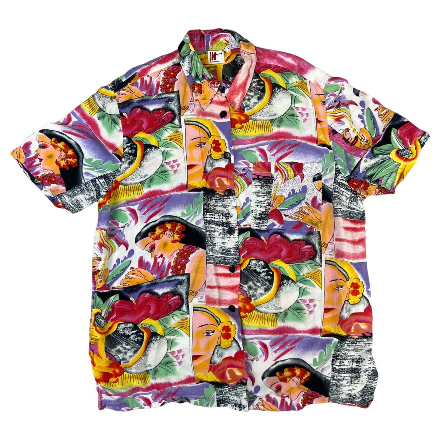 Vtg 90s Pink Green Yellow Hawaiian Floral Psychedelic Ukelele Novelty Shirt L