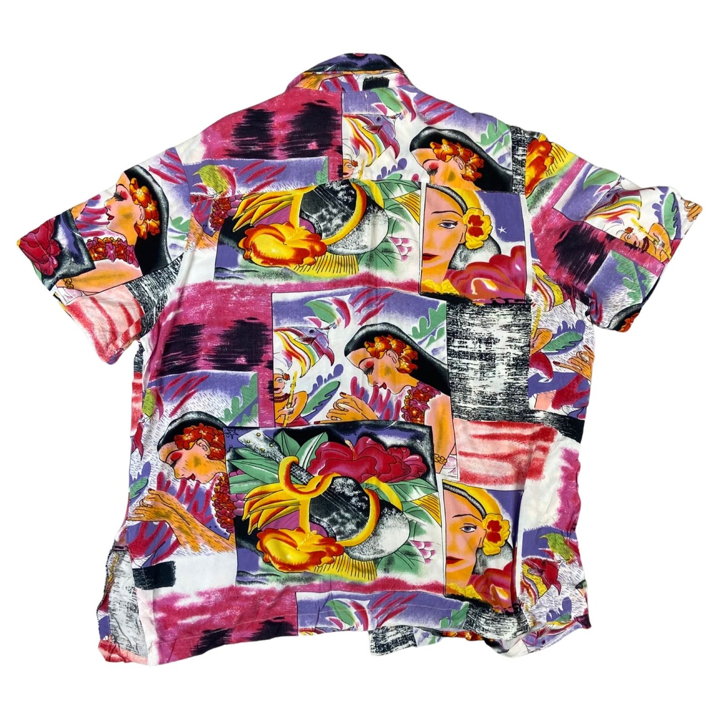 Vtg 90s Pink Green Yellow Hawaiian Floral Psychedelic Ukelele Novelty Shirt L