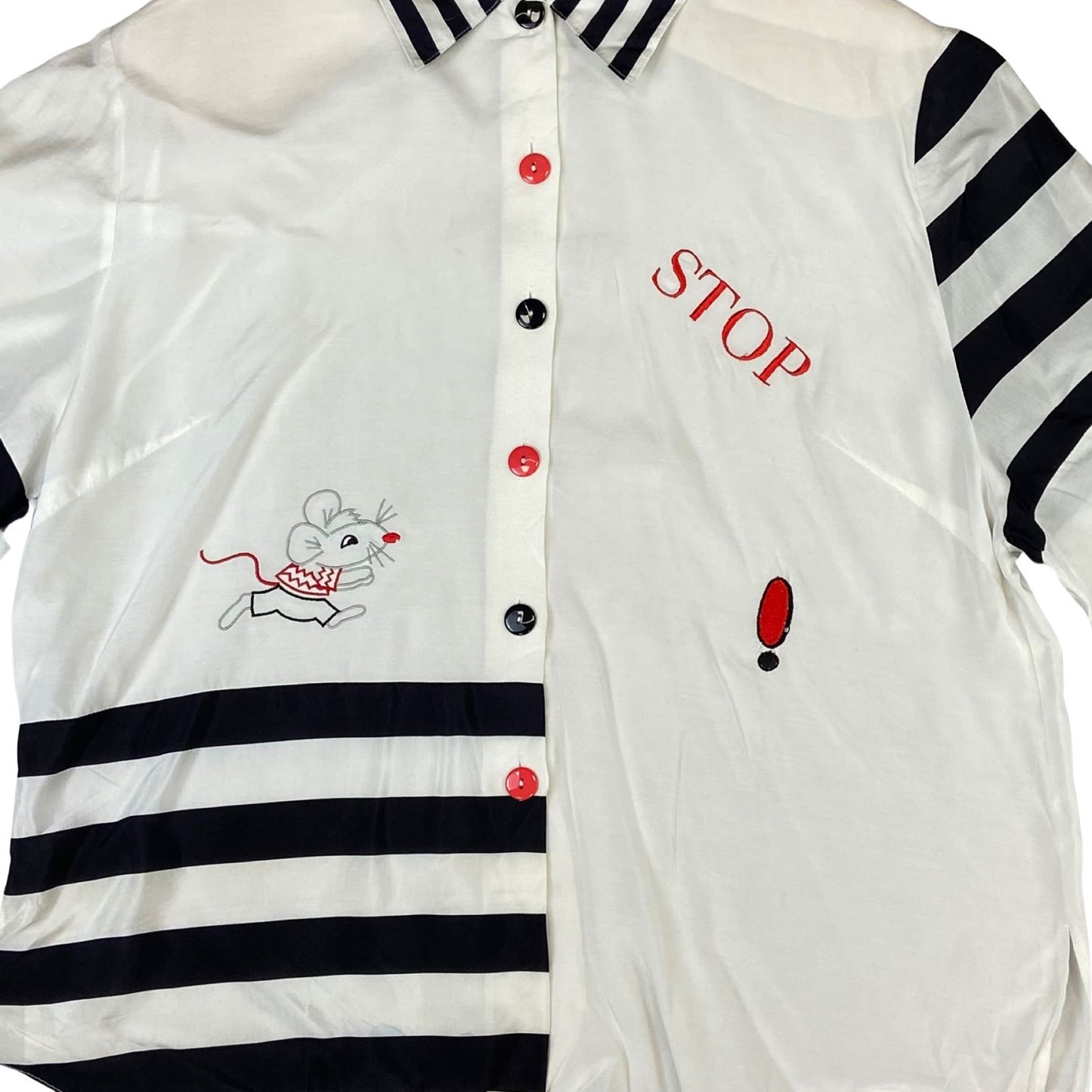 Vintage 80s 90s White Red Black Embroidered Mouse Striped Blouse Shirt 16 18 XL