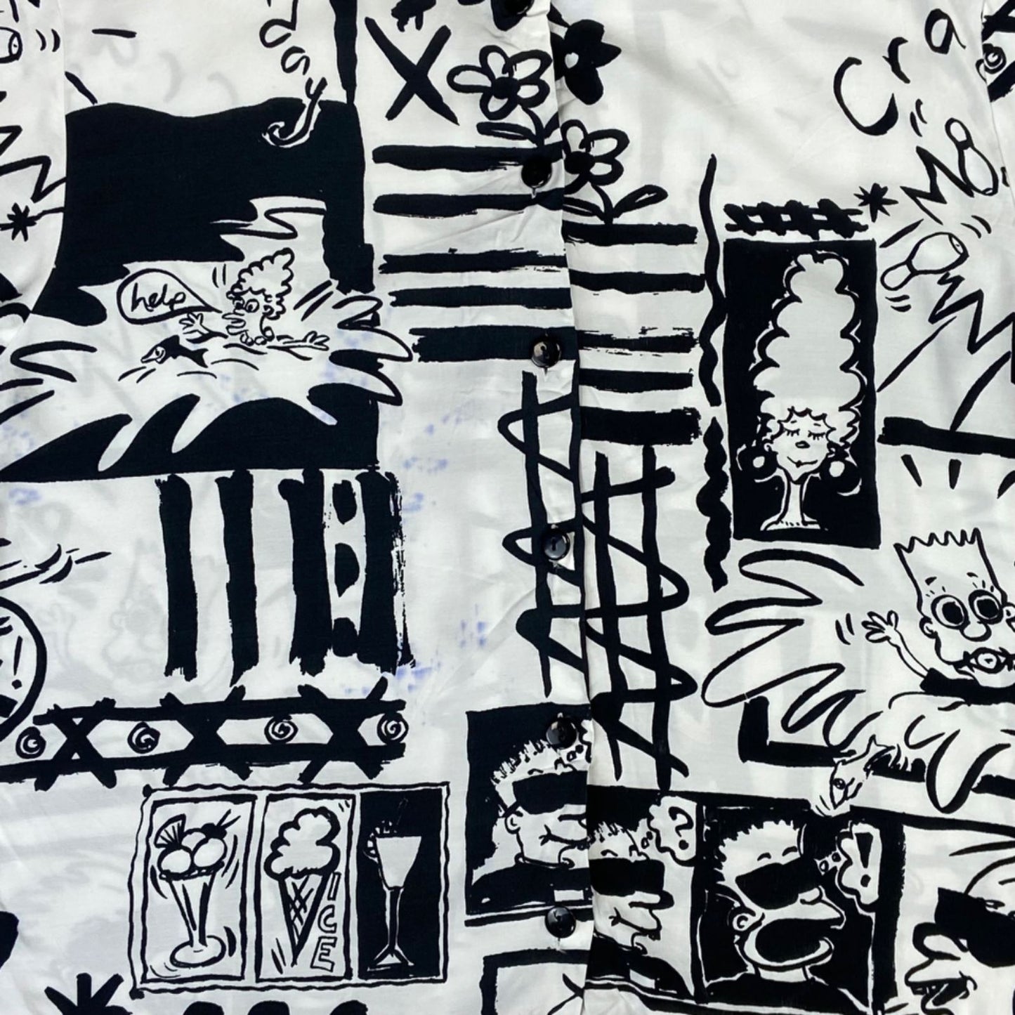 Vintage 80s White and Black Graphic Button Up Collar-Less Shirt XL