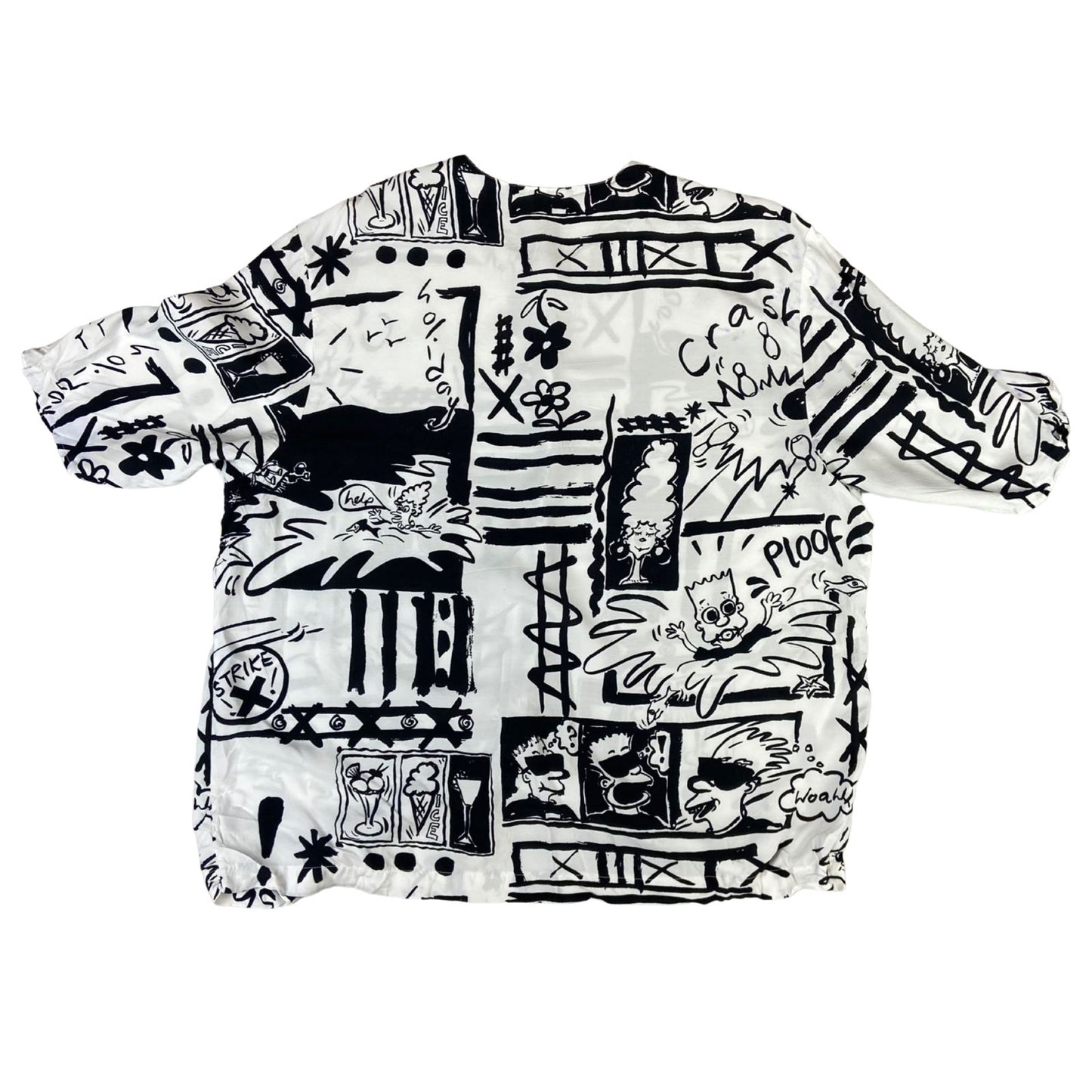 Vintage 80s White and Black Graphic Button Up Collar-Less Shirt XL