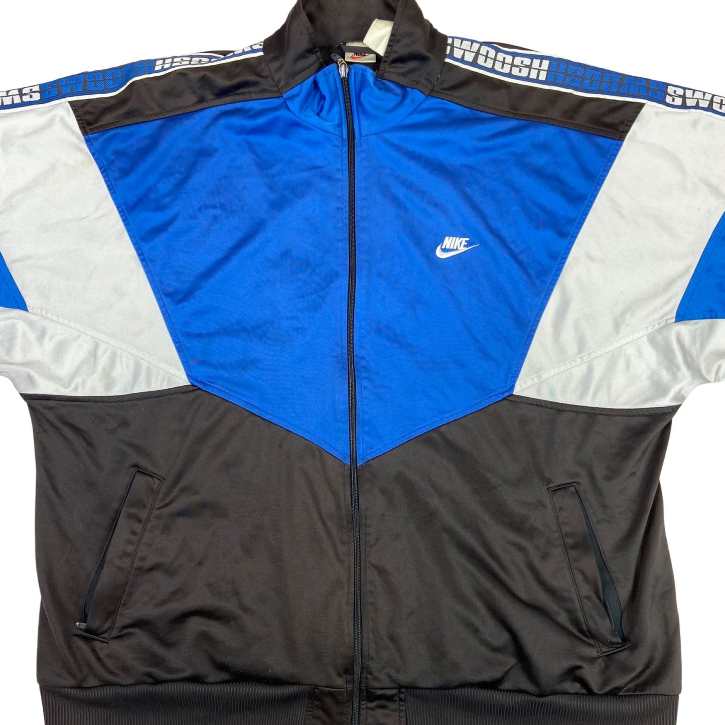 Vintage 1990s Black, Blue & White Nike Swoosh Zip-Up Track Jacket Large