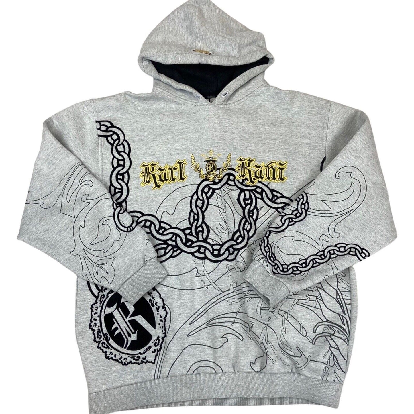 Vintage Y2K Grey Karl Kani Gold Detailing Embroidered Velour Graphic Hoodie XL