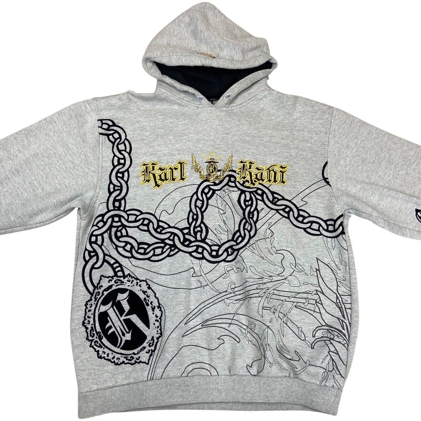 Vintage Y2K Grey Karl Kani Gold Detailing Embroidered Velour Graphic Hoodie XL