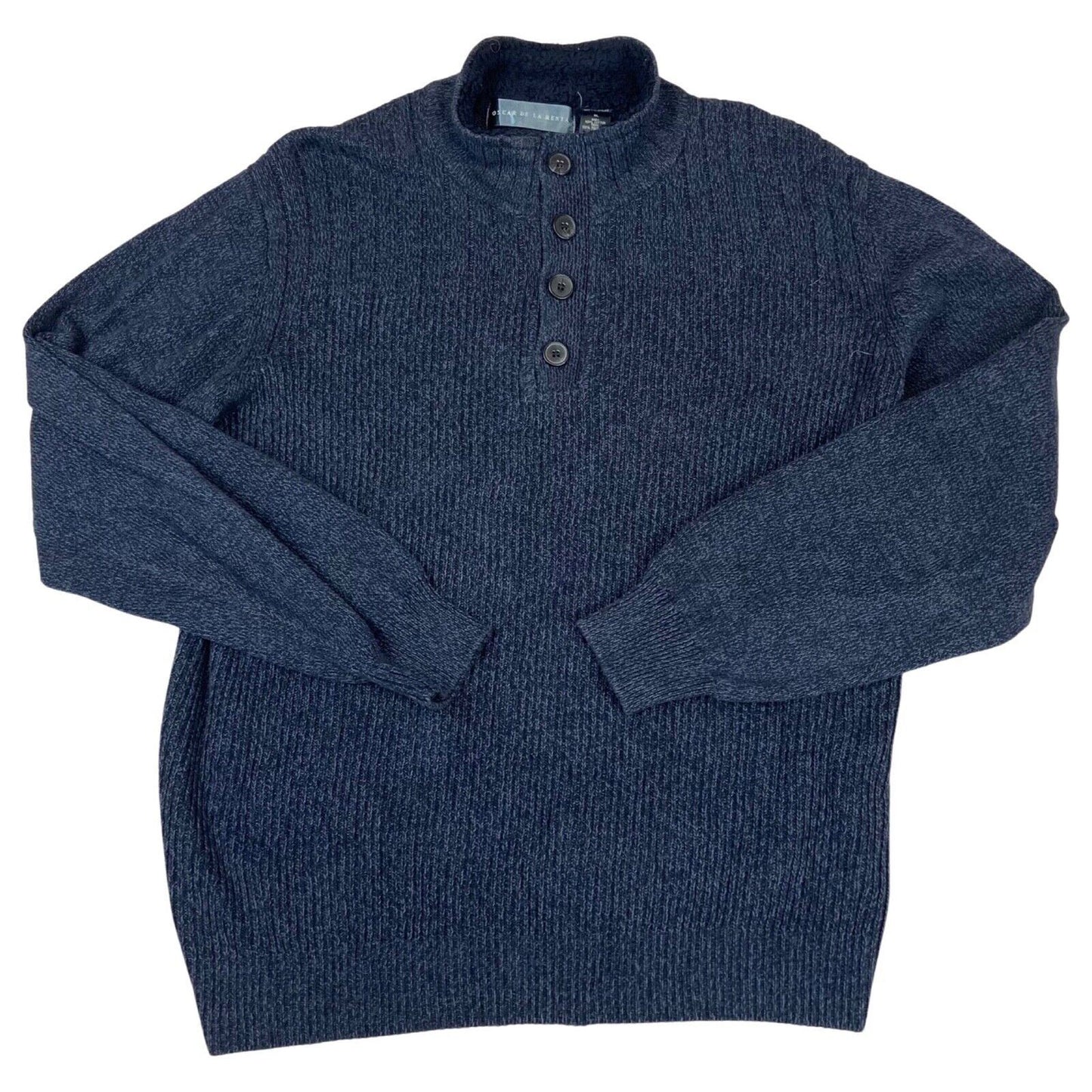 Vintage 00s Navy Designer Oscar De La Renta Knitted 3/4 Button Up Pullover XL