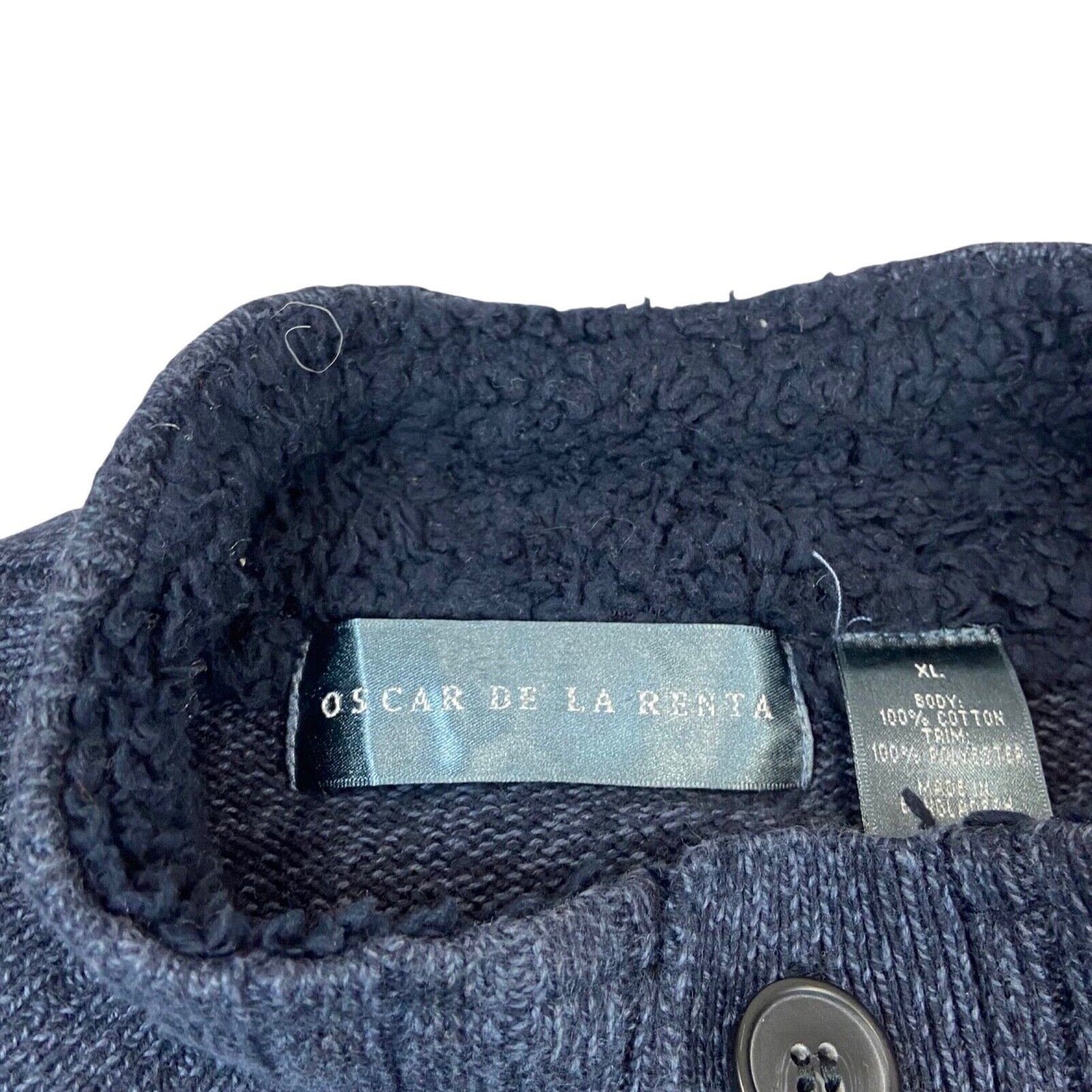 Vintage 00s Navy Designer Oscar De La Renta Knitted 3/4 Button Up Pullover XL