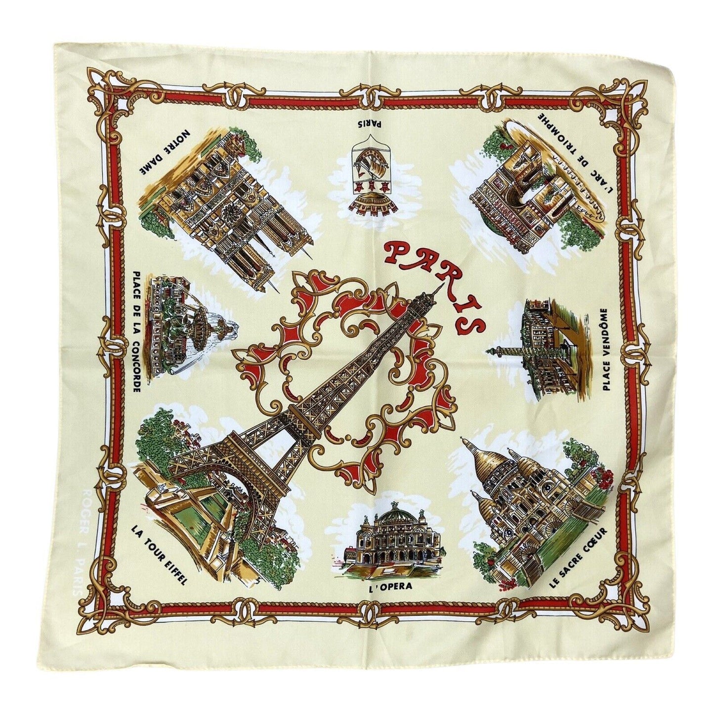 Vintage 90s 00s Cream Red Paris Graphic Print Patterned Scarf